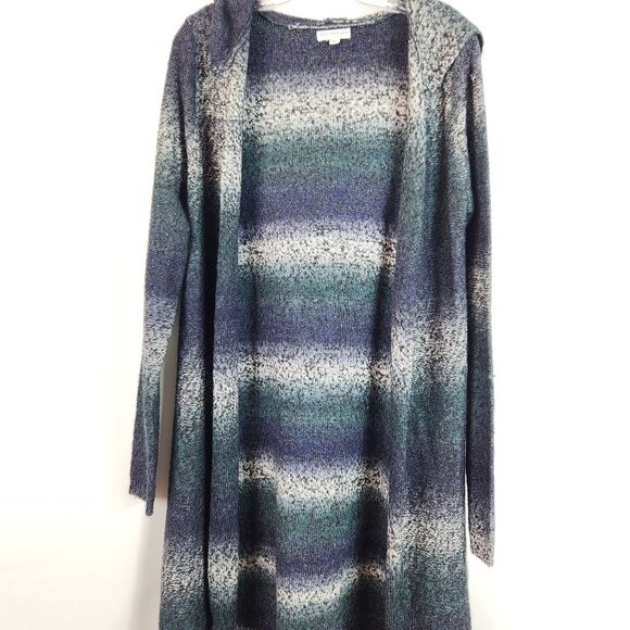 Earthbound Trading Variegated Open Cardigan Hoodie Black Teal Gray L - Picture 1 of 6